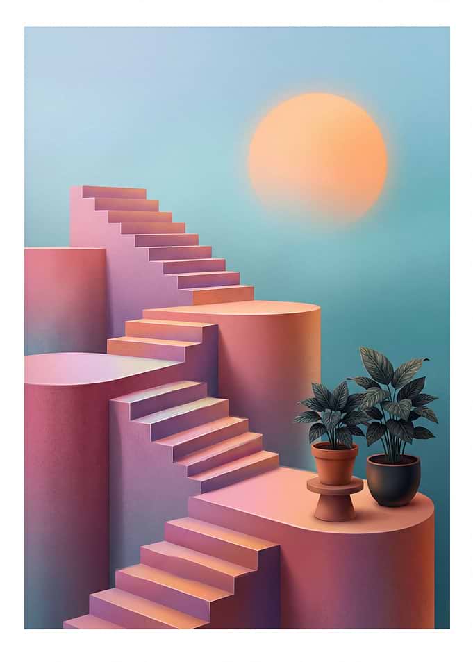 Surreal Pink Staircase with Sun and Plants