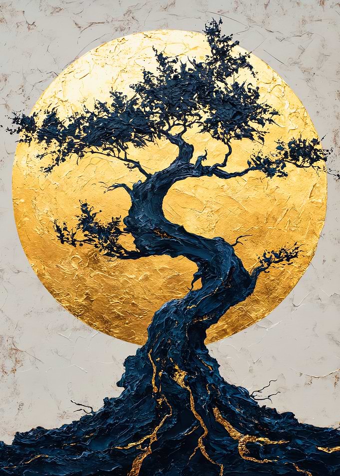 Bonsai Tree Gold Moon Painting