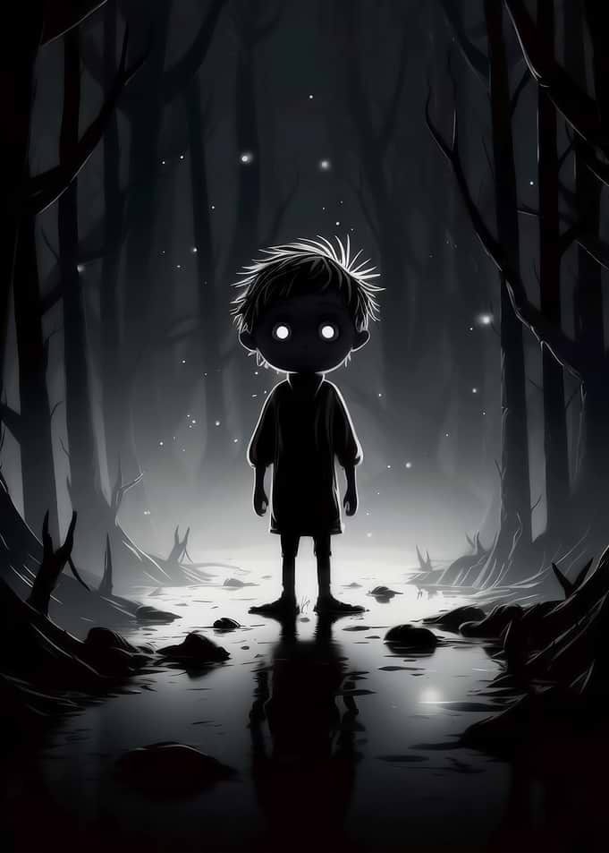 Eerie Child in Dark Forest