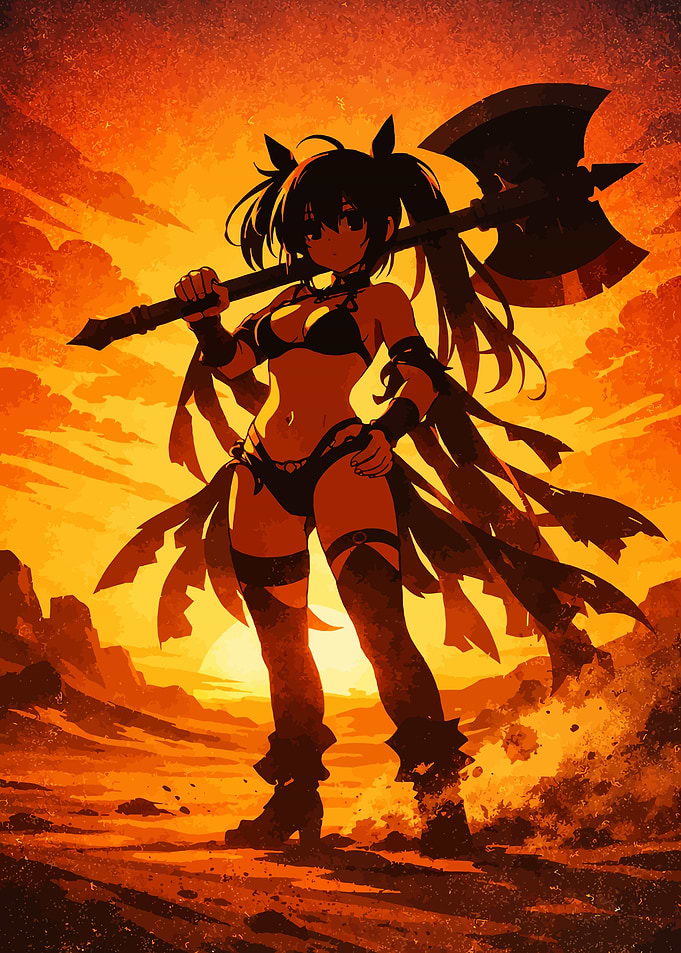 Anime Warrior with Axe at Sunset