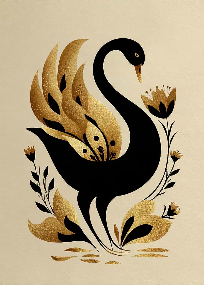 Elegant Black Swan with Gold Floral Accents