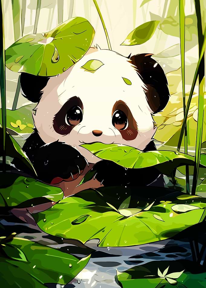 Cute Panda in Water Lilies
