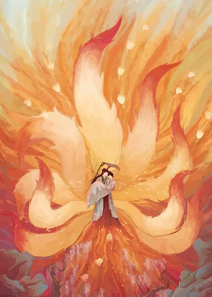 Nine-Tailed Fox Spirit Embracing a Child