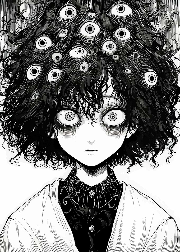 Creepy Manga Character with Eyes in Hair