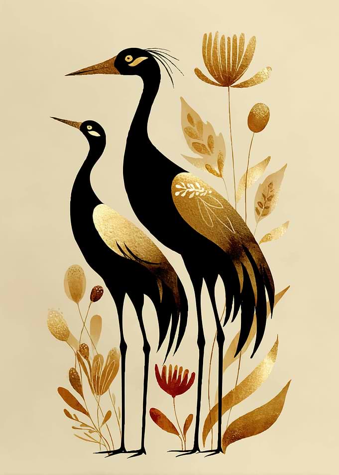 Two Cranes and Golden Flowers