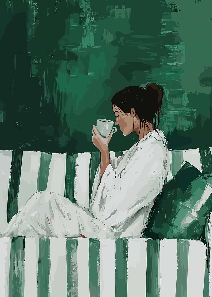 Woman enjoying coffee on a striped couch