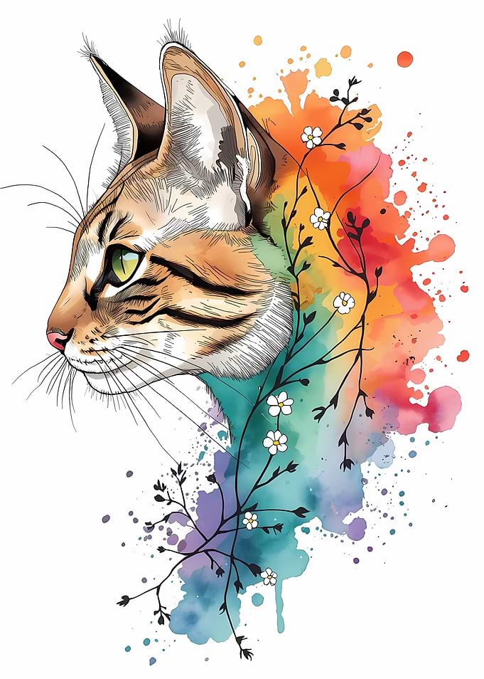 Watercolor Cat with Flowers