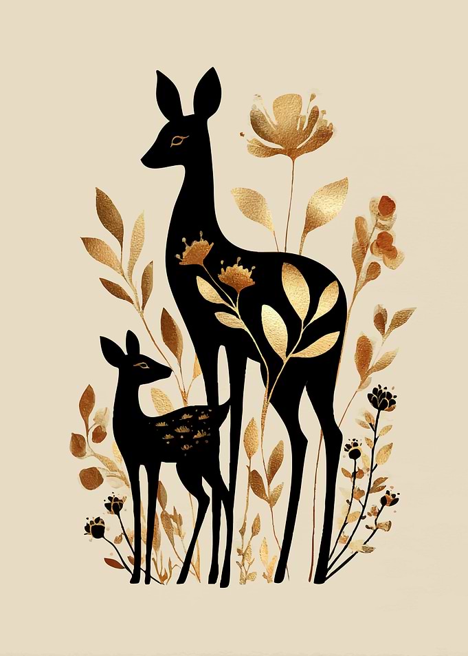 Golden Deer and Fawn with Flowers