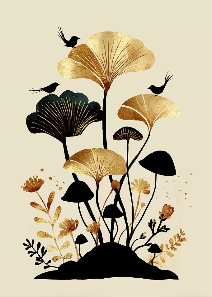 Golden Ginkgo and Mushroom Art with Birds