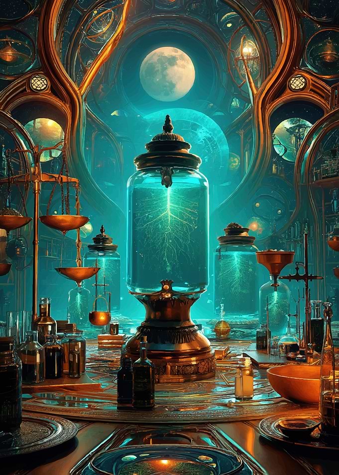 Steampunk Laboratory with Moon and Jars
