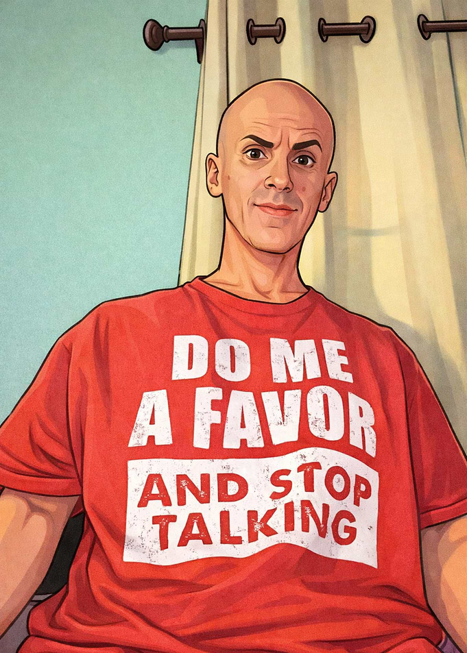 Man in T-shirt with text
