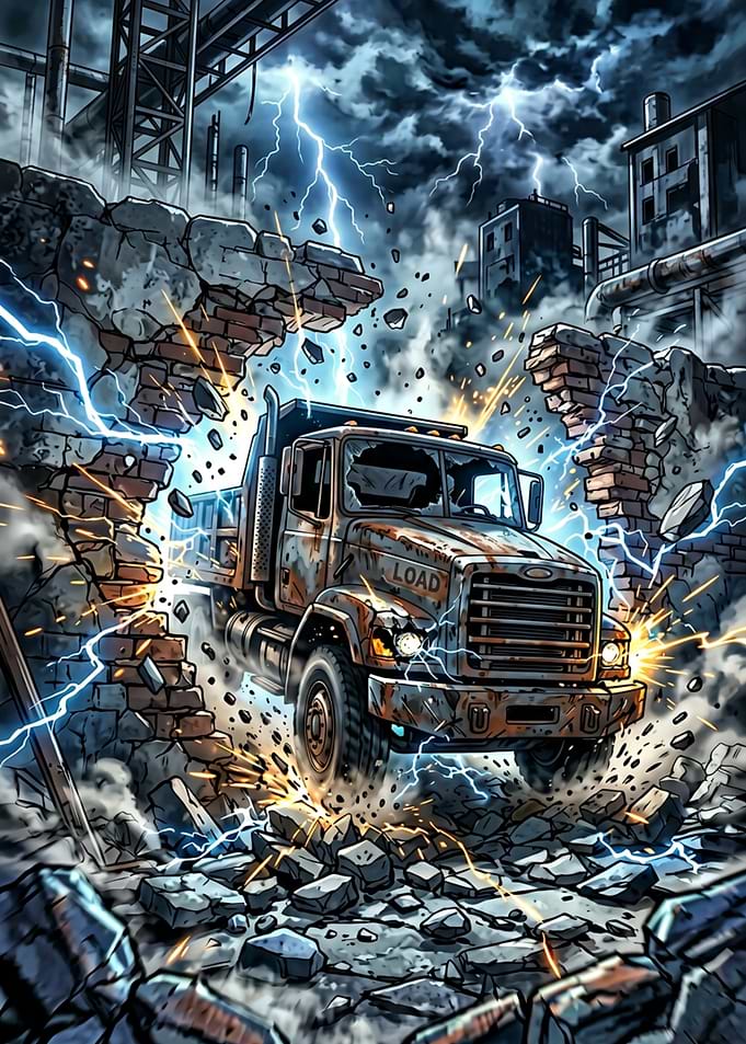 Rusted Truck in Stormy Industrial Ruin