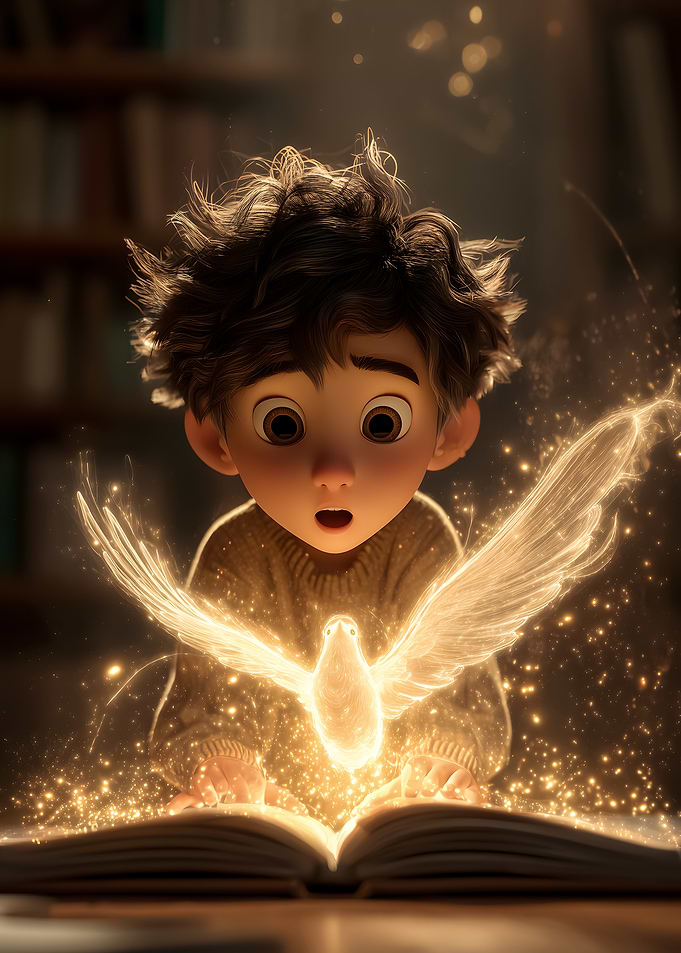 Boy Reading a Magical Book