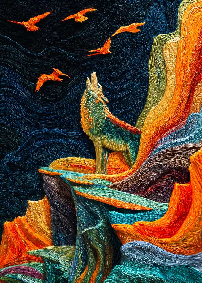 Textured Howling Wolf on Rugged Mountain