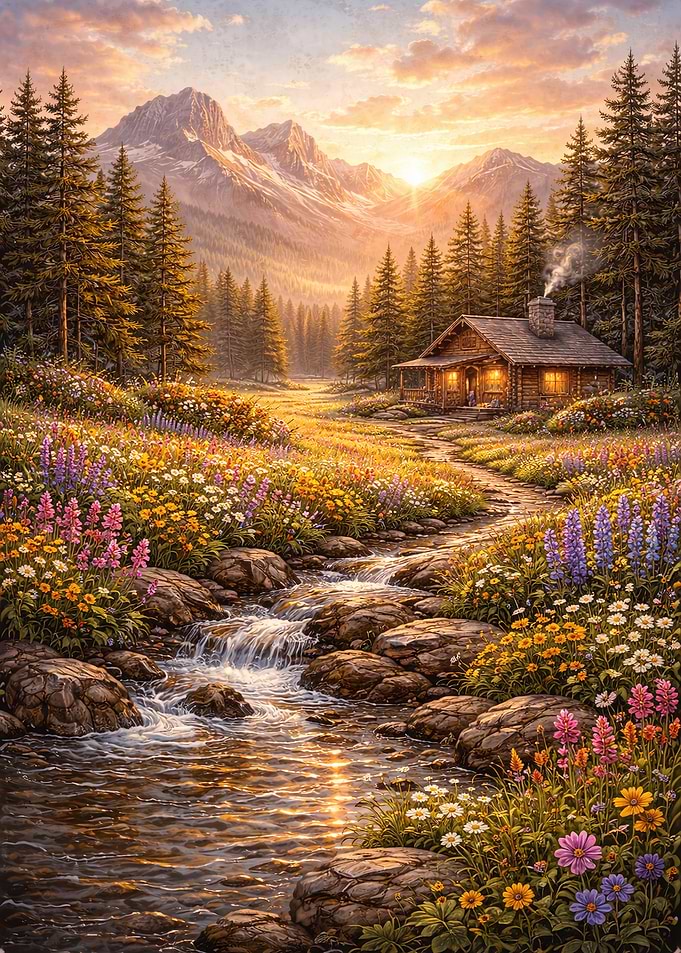 Serene Mountain Cabin at Sunset