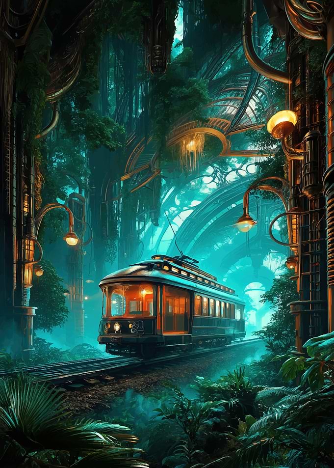 Steampunk Tram in a Lush Jungle