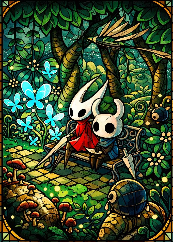 Hollow Knight Characters in a Stained Glass Garden