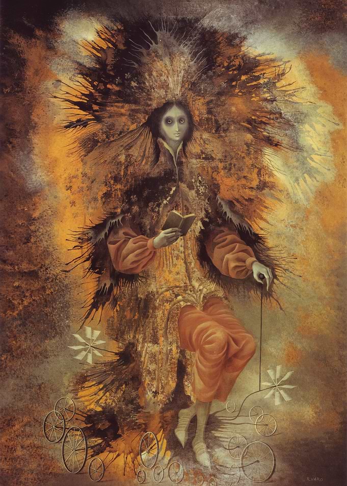 Remedios Varo Surreal figure with book and wheels