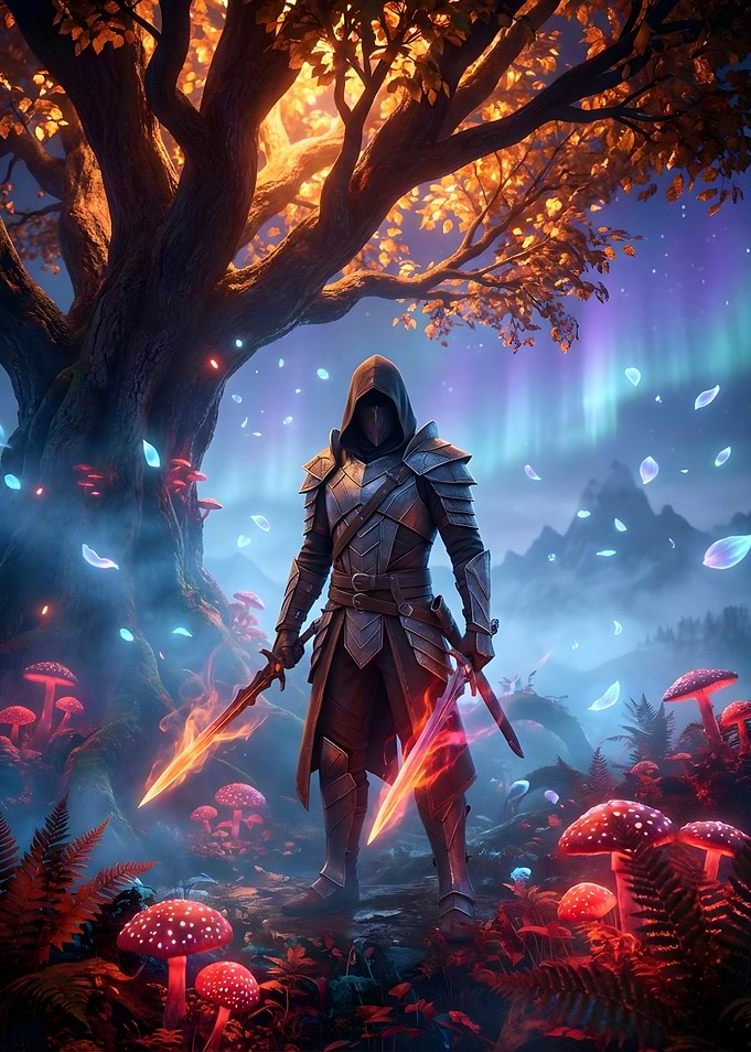 Fantasy Warrior with Glowing Swords