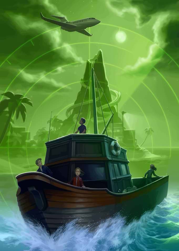 Children on a boat near an island
