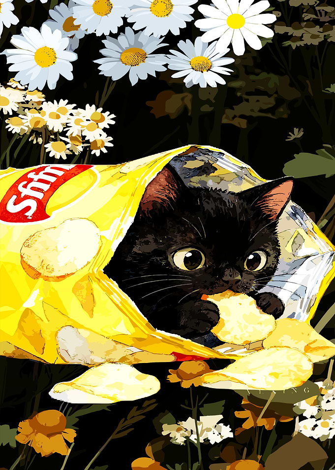 Black kitten in a chip bag