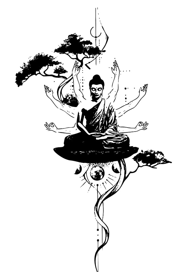 Meditating Buddha with Multiple Arms and Nature Elements