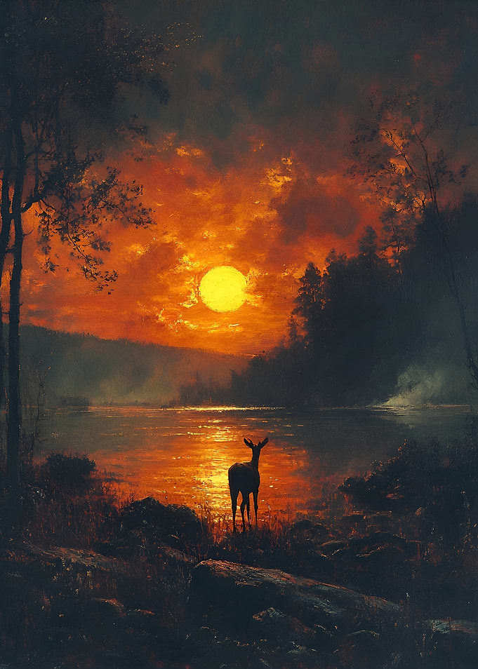 Deer by a lake at sunset