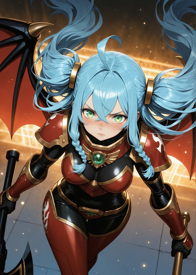 Anime Warrior with Blue Pigtails and Wings