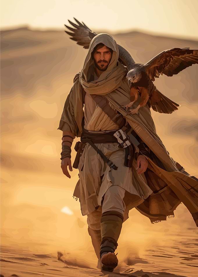Man with Falcon in Desert