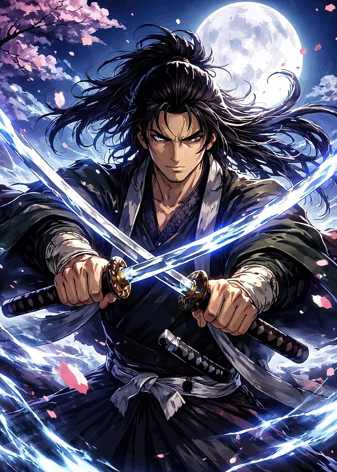 Samurai warrior with crossed swords