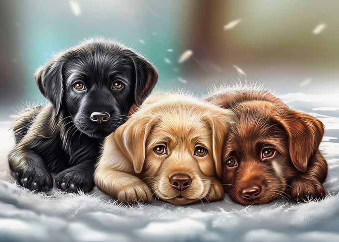Three Labrador Puppies in Snow