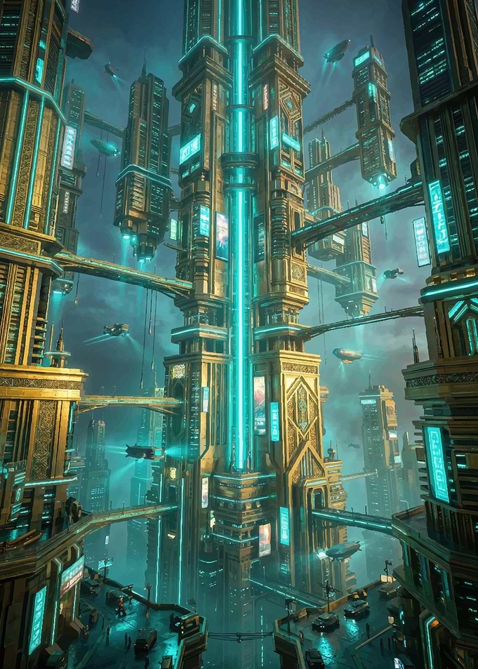 Futuristic Cityscape with Flying Vehicles
