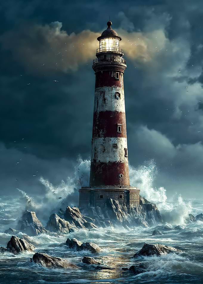Red White Lighthouse Stormy Sea