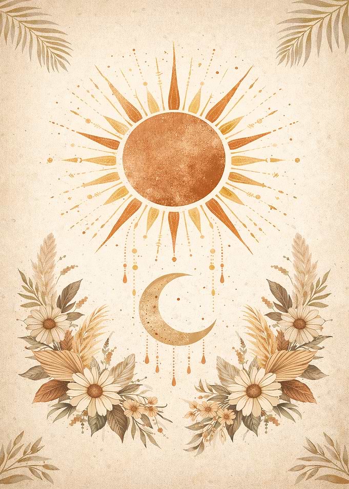 Bohemian Sun, Moon, and Floral Art