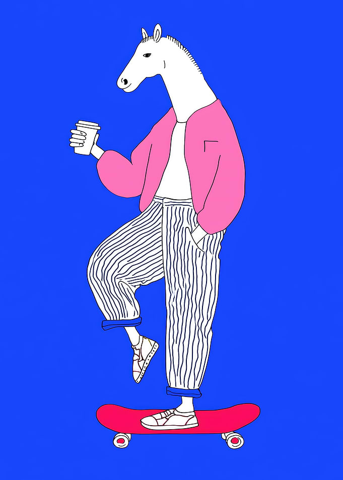 Horse character on a skateboard with coffee