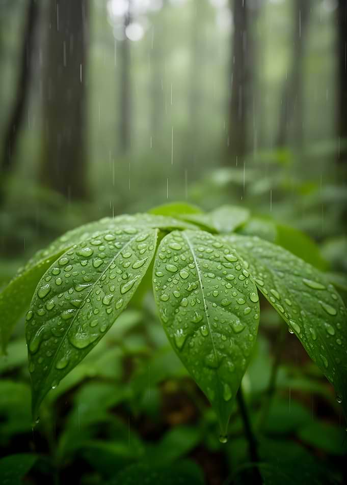 Raindrops on green leaves in a forest