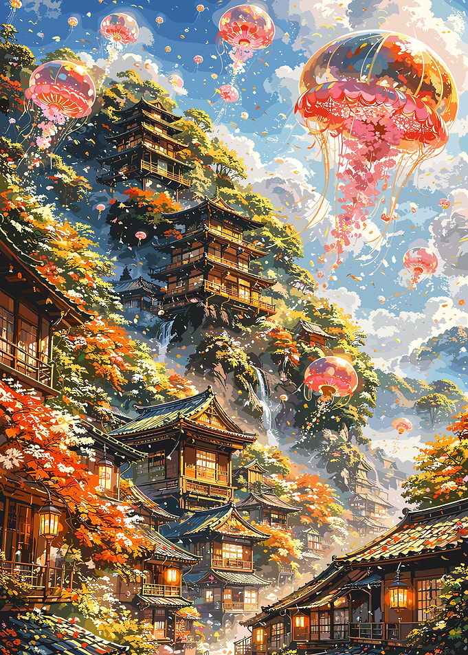 Enchanted Japanese Village with Jellyfish Lanterns