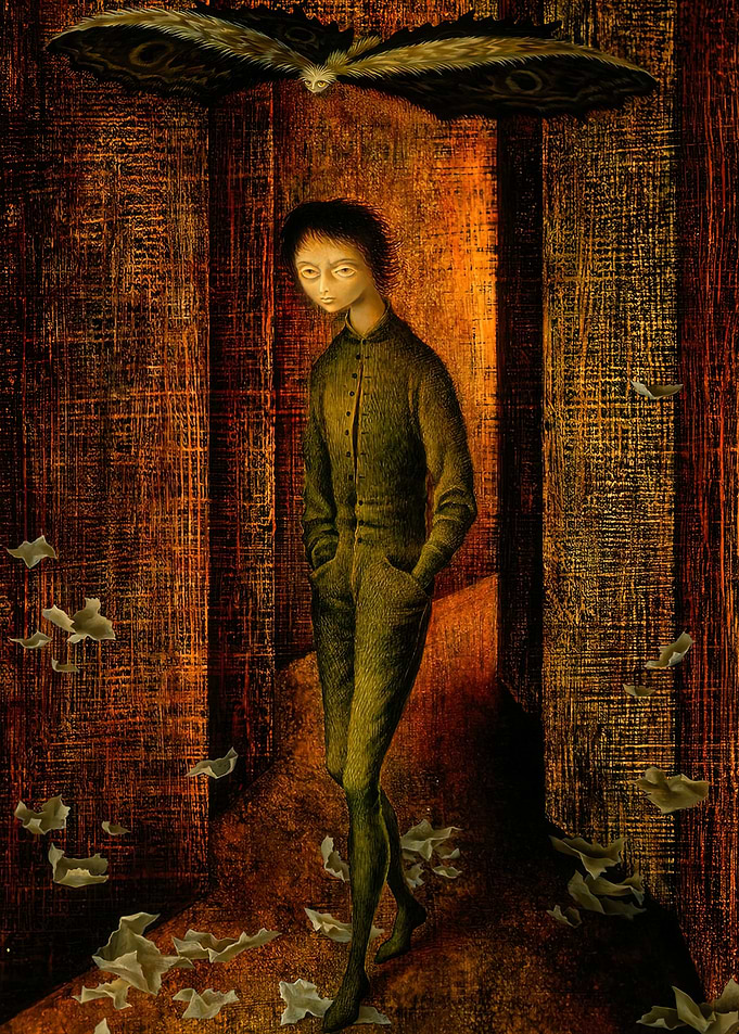 Remedios Varo Surreal painting of a boy and a moth