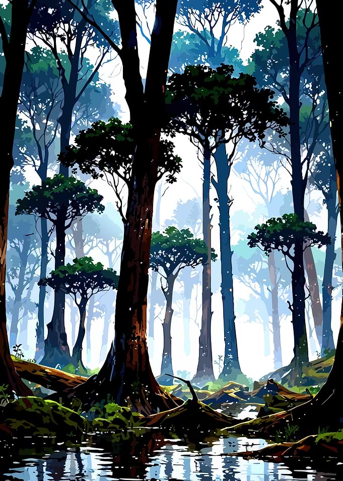 Misty Forest with Water Reflections