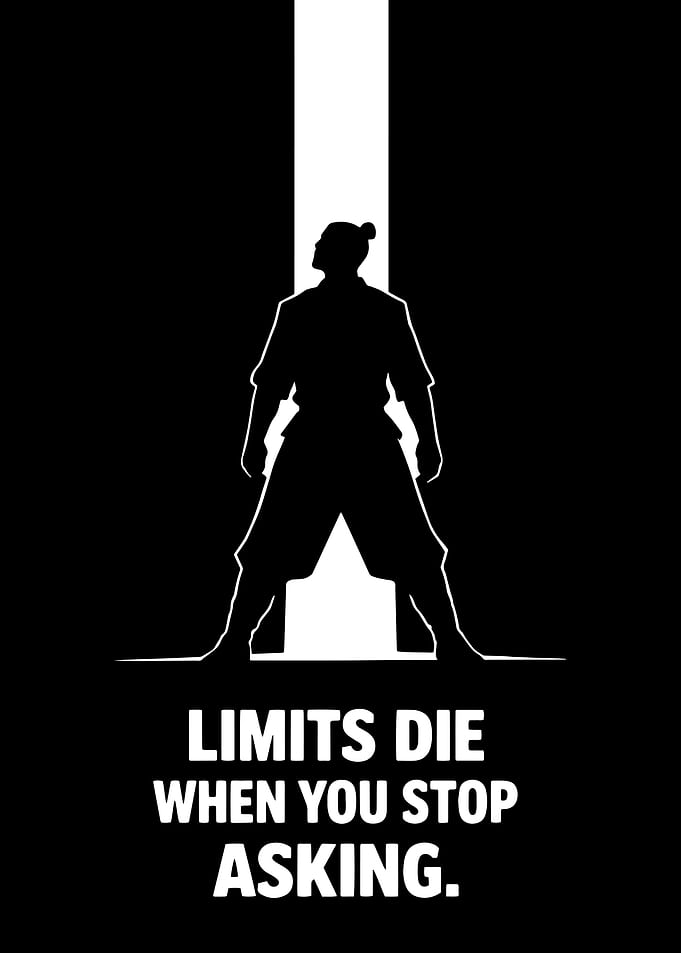 Silhouette of a person in a doorway with text
