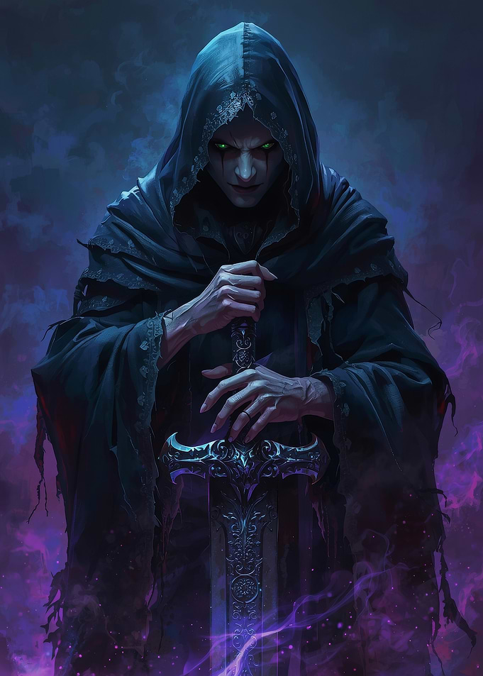 Dark Fantasy Hooded Warrior with Glowing Eyes