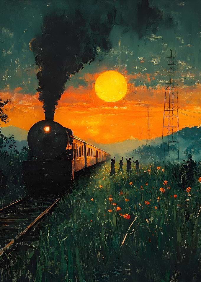 Train at Sunset with People Waving