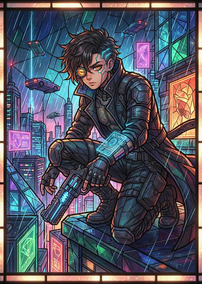 Cyberpunk character with gun in city
