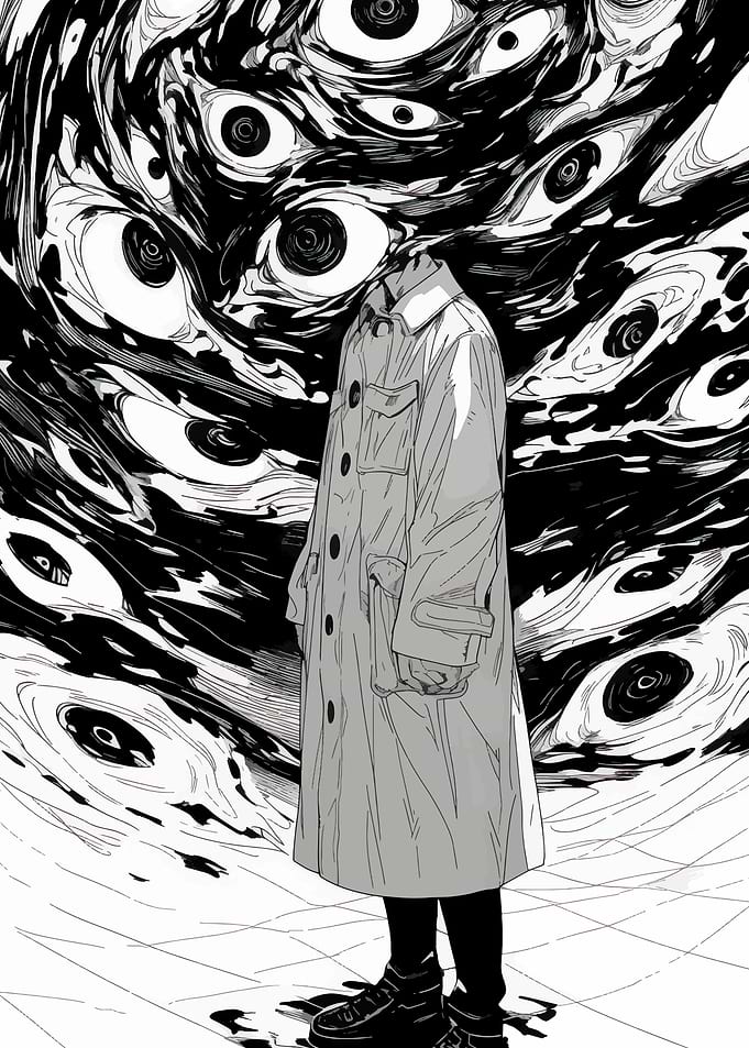 Man in Trench Coat with Many Eyes
