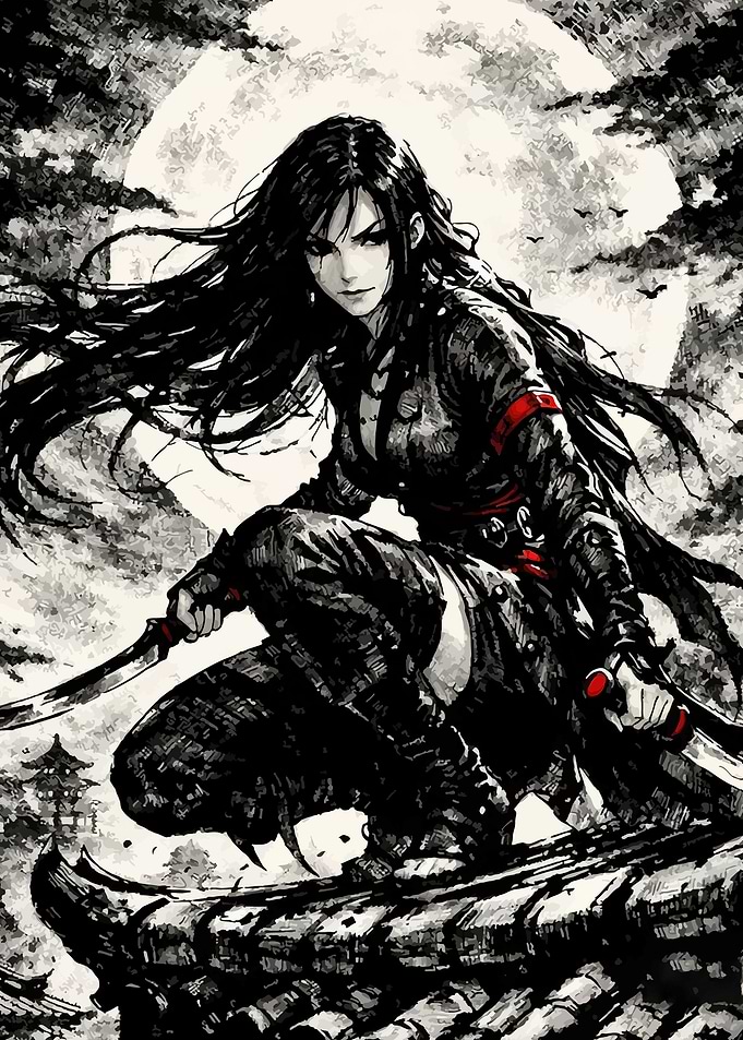 Samurai Woman with Swords Under Moon