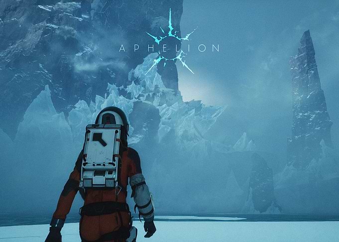 Astronaut in icy landscape with Aphelion logo
