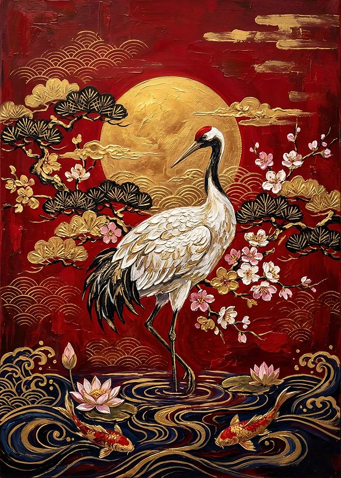 Japanese Crane and Koi Pond Painting