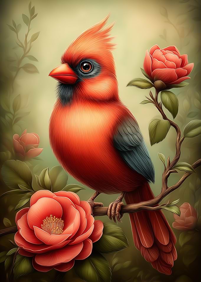 Red Cardinal with Pink Flowers