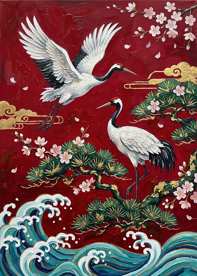 Cranes and Cherry Blossoms Painting