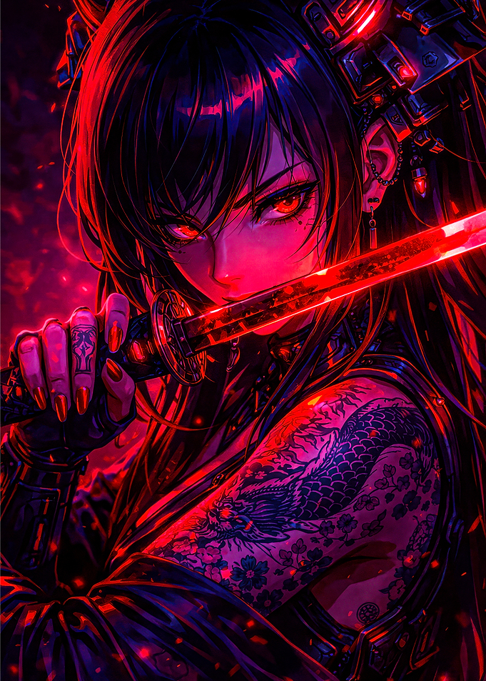 Cyberpunk Anime Samurai with Dragon Tattoo